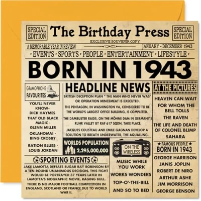 Afbeelding van 81e verjaardagskaarten voor mannen en vrouwen Born in Journal 1943 verjaardagskaart opa, oma, vintage retro back 1943, 145 mm x