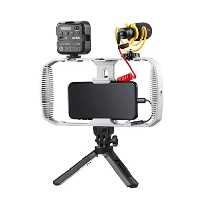 Afbeelding van Godox VK1 LT Vlogging Kit (Lightning aansluiting) Inclusief: LED6R belichter Diffusor Bracket Microfoon Wind Cap Windscreen schuim Mini tripod Smartphone Rig