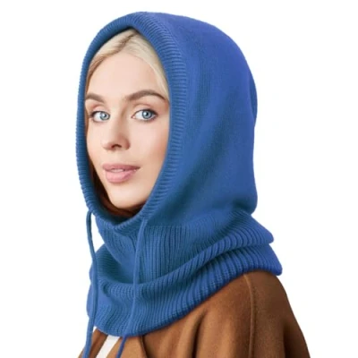Afbeelding van DRESHOW Winterhoeden voor dames, balaclava gebreide beanie schedel pet met trekkoord hoed sjaal capuchon, 1 x capuchon capuchon: Peacock Blue