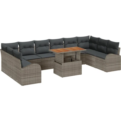 Afbeelding van vidaXL 11 delige tuinset met kussens in grijs poly rattan