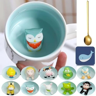 Afbeelding van Uilmok cadeau 3D diermok keramiek grappige koffiemok 350 ml theekopje met lepel en onderzetter, Kerstmis, theebeker, schattig verjaardagscadeau voor vriend, vriendin, tante oma