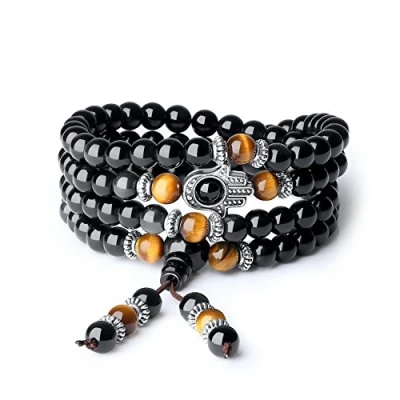 Afbeelding van COAI 108 kralen mala steen Hamsa armband halsketting, Steen, Obsidiaan