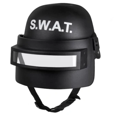 Afbeelding van Boland 01408 SWAT Deluxe kinderhelm met vizier, zwart/wit, kinriem, transparant opvouwbaar, eenheidsmaat, carnaval, Halloween, themafeest, verjaardag
