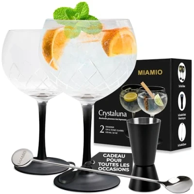 Afbeelding van MIAMIO 2 x 650 ml ginglazen/set van gin glazen hoogwaardige en tonic glazen, ideaal voor cocktails Geschenkset inclusief maatbeker roerlepel.