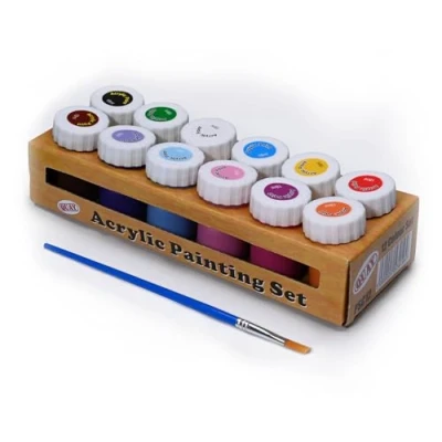 Afbeelding van Acrylverfset 12 kleuren blauw/bruin/roze/rood/wit/geel