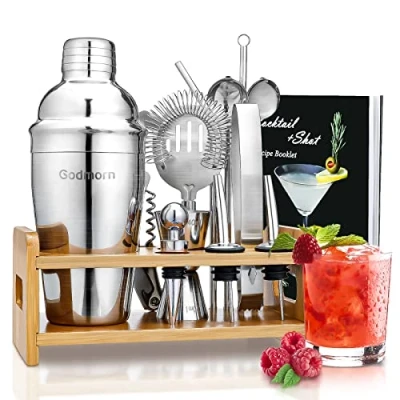 Afbeelding van Godmorn cocktailshakerset, roestvrij staal, 15 delige barkeeperset met betere bamboestanden, receptenboek, maatbeker en barlepel, 550 ml cocktailcadeauset voor thuis of in de bar