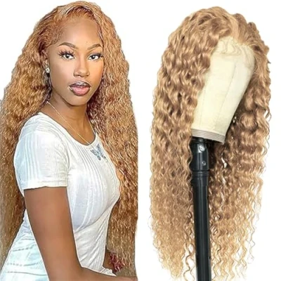 Afbeelding van Tuheerst Blonde menselijk haar, pruik, watergolf, dames, natuurlijk, Braziliaans 4 x 4#27, Zwitserse kant, echt Pre geplukt, natuurlijke haarlijn met babyhaar, 71 cm