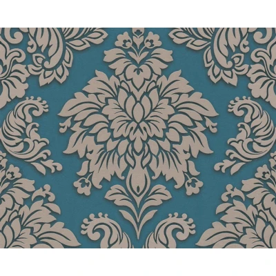 Afbeelding van ORNAMENTEN BEHANG Barok oceaanblauw taupe zilver glitter A.S. Création Metropolitan Stories