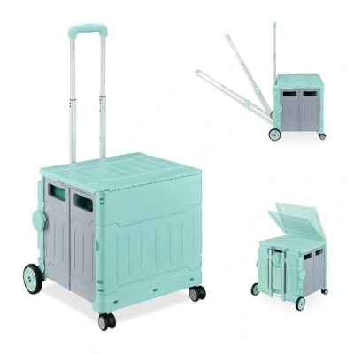Afbeelding van Relaxdays vouwkrat op wielen met deksel tot 50 kg telescopische handgreep boodschappenkrat
