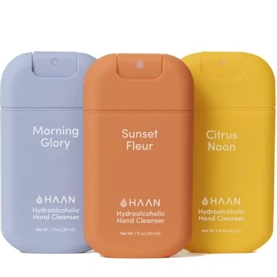 Image de Spray nettoyant hydratant pour les mains HAAN à l’Aloe Vera (Lot de 3), 1 chaque parfum : Sunset Fleur + Morning Glory Citrus Noon, 30 ml (Sunset Noon)