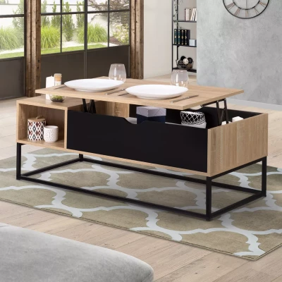 Afbeelding van Table basse plateau relevable BOSTON avec rangements design industriel