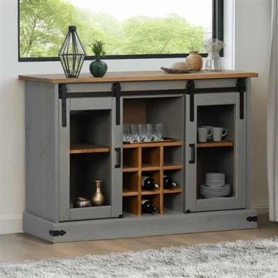 Afbeelding van vidaXL Dressoir HALDEN 2 schuifdeuren 112x40x80 cm massief hout grijs