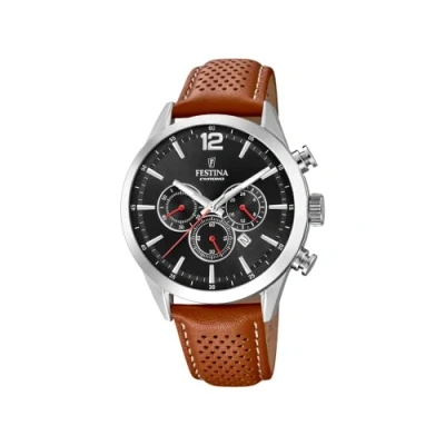 Afbeelding van FESTINA Herenhorloge F20542/6 Timeless Chronograaf 316L roestvrij stalen kast zilver bruine leren band