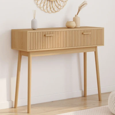 Image de Console 2 tiroirs JULIETTE lattes tasseau bois coloris chêne IDMarket