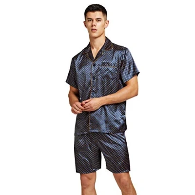Afbeelding van Satijnen pyjama met korte mouwen en shorts voor heren, Blauw Goud