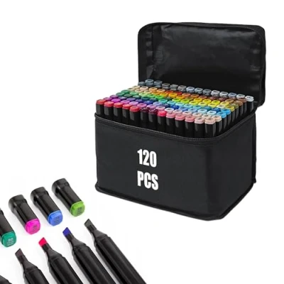 Afbeelding van 120 stuks alcoholmarkers voor manga/design/school, alcoholmarker, sneldrogend, dubbelzijdig, viltstiften, tekenen, kleuren met draagtas (120)