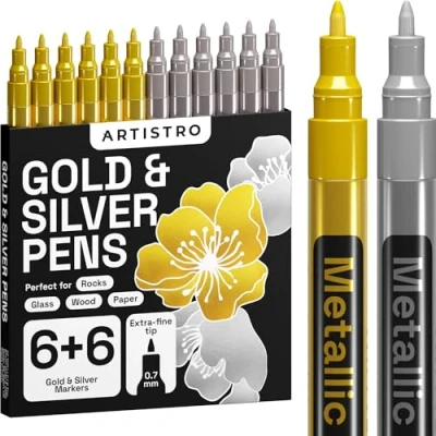 Afbeelding van Verfstiften goud en zilver voor grotschilderen, steen, metaal, keramiek, porselein, glas, hout, stof, canvas, set van 12 permanente markers op oliebasis, extra fijne punt 0,7 mm
