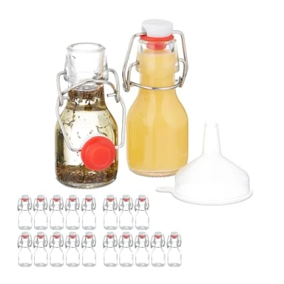 Afbeelding van Relaxdays Set van 20 kleine 50 ml transparante glazen flessen om te vullen voor likeuren en oliën met mechanische sluiting