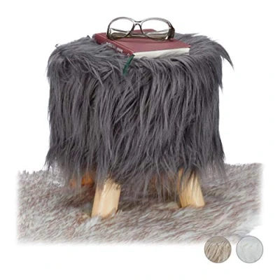 Afbeelding van Relaxdays Furniture Zachte kruk met 4 houten poten, ronde kunstbont gevoerde kruk, motief: 31 x cm, grijs, maat