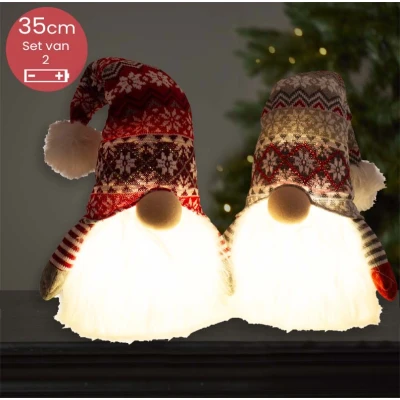 Afbeelding van Handgemaakt wit Gnomen duo met LED verlichting en sierlijke mutsen 35(60)cm
