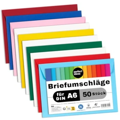 Afbeelding van perfect ideaz 50 gekleurde enveloppen 11,5 x 16,5 cm (C6), gerecyclede zonder venster, duurzaam gemaakt in Duitsland, blanco 10 kleuren, met natte lijm