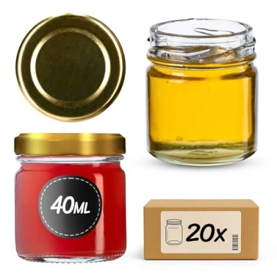 Afbeelding van KADAX Weck Set van 20 mini weckpotten, rond, met schroefdeksel, 40 ml, voor proeverijen, jam, honing, gouden deksel