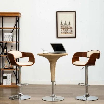 Afbeelding van Barstoelen 2 st gebogen hout en kunstleer crème