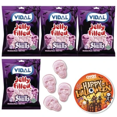 Afbeelding van OYOY Set van 4 Halloween schedelsnoepjes, x 90 g, snoepjes, fruitsnoepjes, snoep, plus griezelige stickers