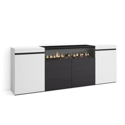Afbeelding van Skraut Home Dressoir voor woonkamer en keuken opbergkast, commode 200 x 75 35 cm 4 deuren elektrische open haard moderne stijl wit zwart