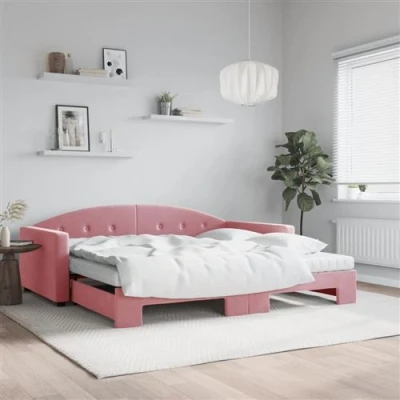 Afbeelding van vidaXL Slaapbank onderschuifbed en matrassen 100x200 cm fluweel roze