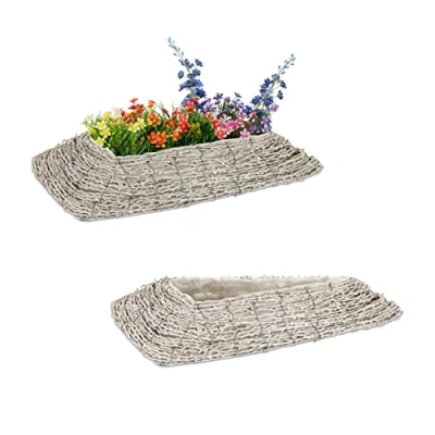 Afbeelding van Relaxdays plantenbak set van 2 rotan bloempot met folie driehoekig wit/natuur