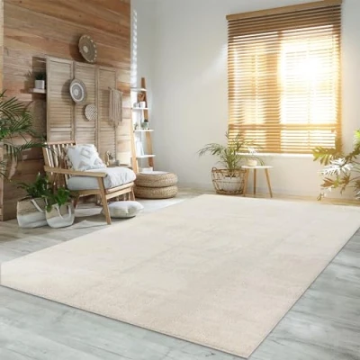 Afbeelding van Paco Home Vloerkleed voor de woonkamer, effen, wasbaar, korte en zachte pool, afmetingen: 160 x 220 cm, kleur: crème 4