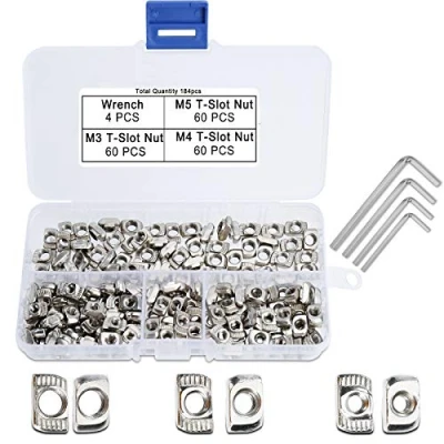 Afbeelding van QIMEI SHOP T Nuts moeren M3 M4 M5 sleuf noten assortiment set van koolstofstaal vernikkeld met 4 inbussleutels voor 20 series aluminium profiel 184 stuks