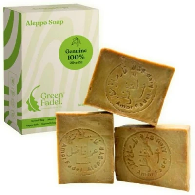Afbeelding van GREEN FADEL Aleppo Set van 3 originele zeep, 100% olijfolie, natuurlijke olijfoliezeep, 200 g (generine) met zeepzak, handgemaakt, veganistisch