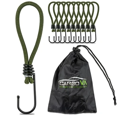Afbeelding van CargoVA® 10 elastieken met haken en praktische zak uitbreidingshaken voor dekzeilen netten olijfgroen 15 cm lang [10 stuks].