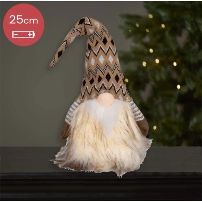 Afbeelding van Handgemaakt beige Gnoom mannetje met LED verlichting en zwart/witte muts versiering 25(45)cm