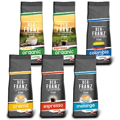 Image de Der Franz Café Pack, en grains, 6 x 500 g (1 Crema, 1 Espresso, Melange, Colombie, Espresso bio, Crema bio)