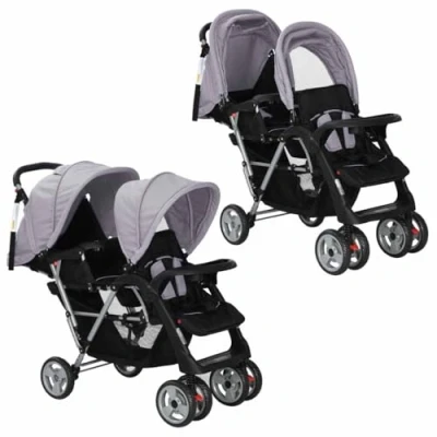 Afbeelding van vidaXL Kinderwagen dubbel staal grijs en zwart