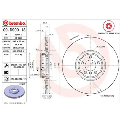 Afbeelding van BREMBO 09.D900.13 remschijf 395 36 5 interne ventilatie, tweedelige Gecoat High carbon Met schroeven BMW: X6, X5