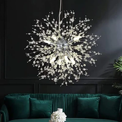 Afbeelding van Moderne goudkleurige en kristallen paardenbloem/vuurwerkachtige kroonluchter met 8 lampen voor de slaapkamer, woonkamer, hal of keuken