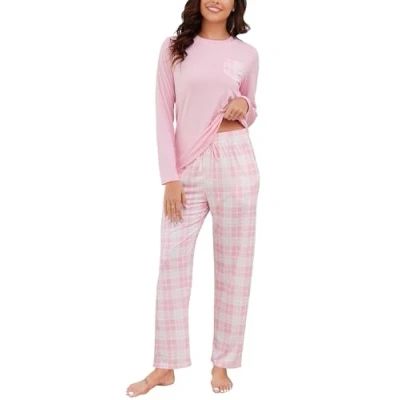 Afbeelding van Reliwel Damespyjama van comfortabel katoen, geruit, bloemenprint, bovendeel met lange mouwen en broek wijde pijpen, tweedelige pyjamaset, zacht, casual nachtkleding, Wijn rood