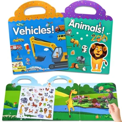 Afbeelding van Set van 2 herbruikbare stickers voor kinderen Voertuigen Dieren Stickerboek vanaf jaar Met creatieve speelscène en Illustraties