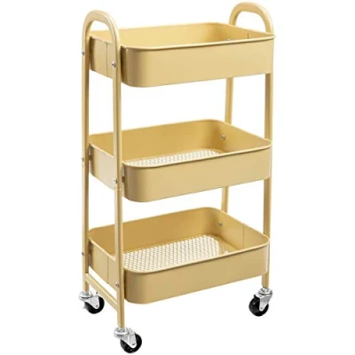 Afbeelding van DOEWORKS Opbergwagen met 3 niveaus van metaal dienbladen en handgrepen, voor keuken, make up, badkamer, kantoor, kaki, geel