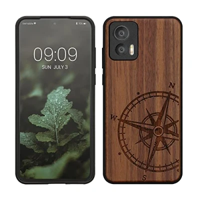 Afbeelding van kwmobile telefoonhoesje geschikt voorMotorola Edge 30 Neo Hoesje met bumper walnoothout In donkerbruin Vintage Kompas design