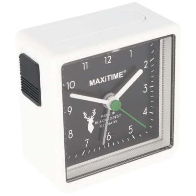 Afbeelding van Kwartswekker wit met licht, zwarte wijzerplaat, batterij, Made in Germany, Black Forest