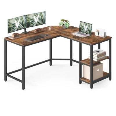Afbeelding van VASAGLE L vormig computerbureau, 120 x 130 76 cm, hoekbureau met 2 planken, ruimtebesparend, voor gaming, rustiek bruin en inktzwart LWD123K01