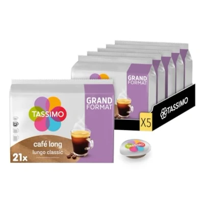 Image de TASSIMO, 105 dosettes Café Long, Compatibles avec les machines Cafés Rond et aromatique, 5 packs de 21
