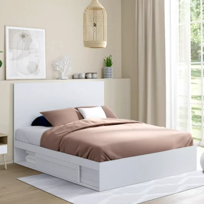 Afbeelding van lit double MELSA avec rangements tête de et sommier 140 x 190 cm blanc