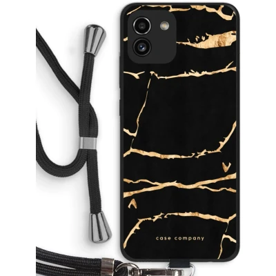 Afbeelding van Case Company® hoesje met Koord geschikt voor Samsung Galaxy A03 Gouden marmer Telefoonhoesje Zwart Bescherming aan alle Kanten en Over de Schermrand
