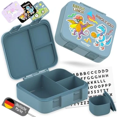 Afbeelding van BEARFOOT Bento Box Compacte lunchbox voor kinderen, BPA vrij, school en kleuterschool, lekvrije meisjes jongens, praktisch, licht compact, dinosaurusblauw